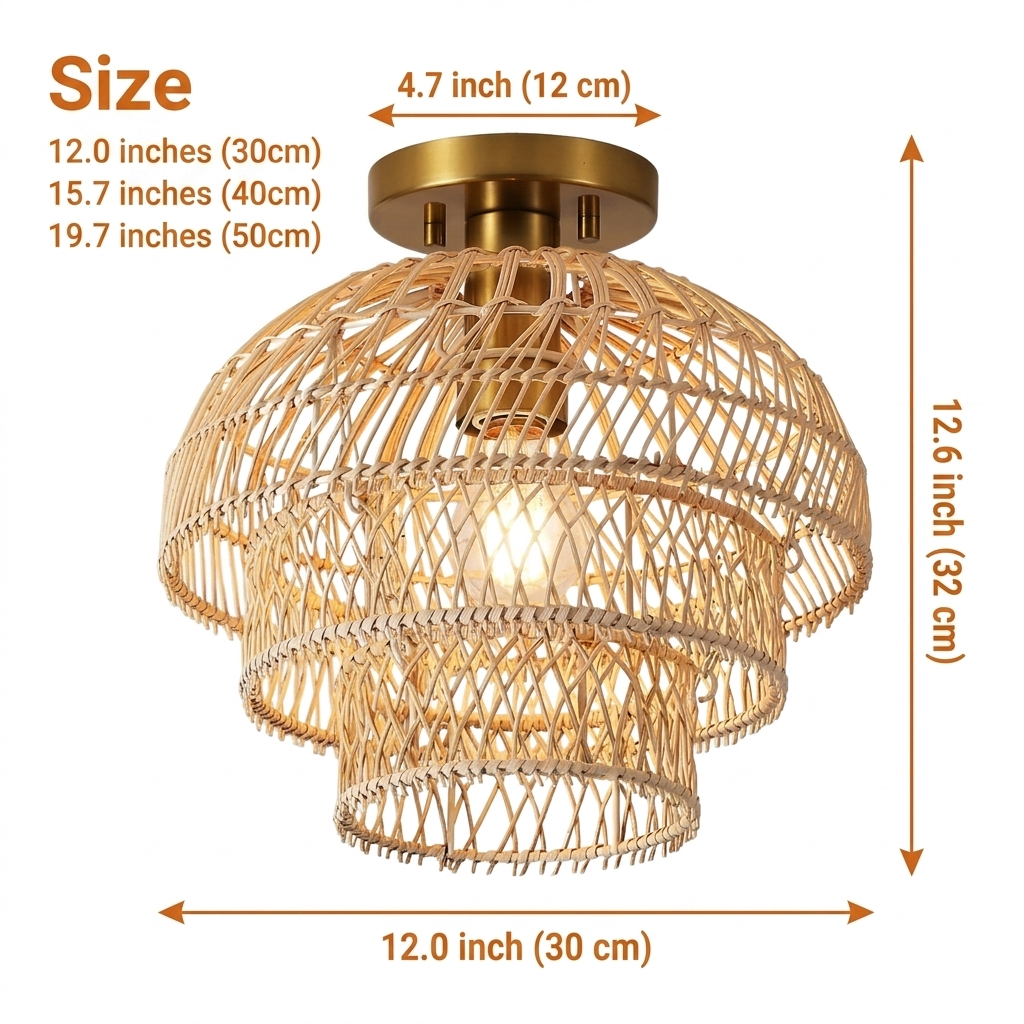 Hermasgi Rattan Ceiling Light in 11.8-inch to 19.7-inch diameters, cascading tiered diamond lattice, larger sizes widen the glow and show more open lattice detail