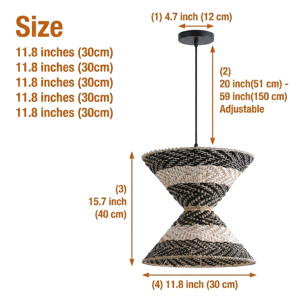 Hourstria Rattan Black Wicker Pendant Light measuring 11.8 by 15.7 inches, banded black and natural hourglass weave suited to nooks, bedsides, and kitchen islands