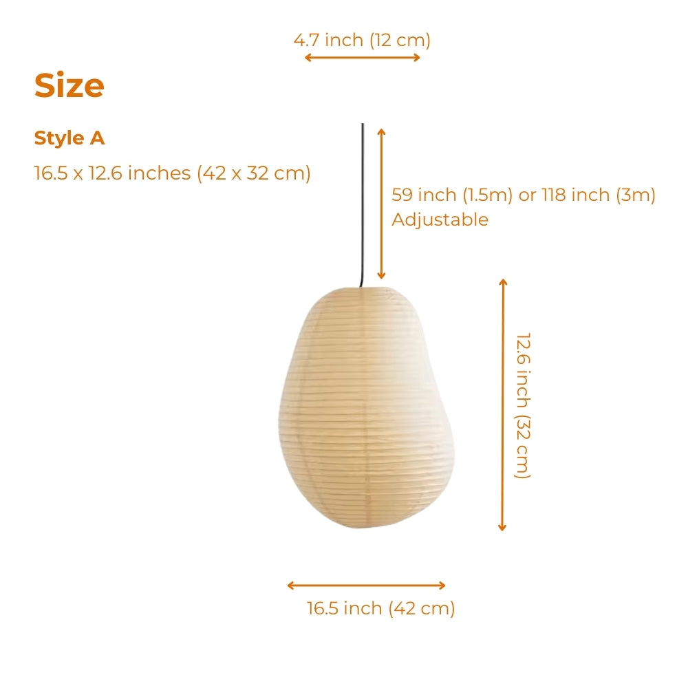 Isamu Noguchi Wabi Sabi Paper Pendant Light in 9.5-inch and 16.5-inch diameters, rice paper lantern shade, larger casts a broader softer pool while smaller shows sharper paper-grain shadows