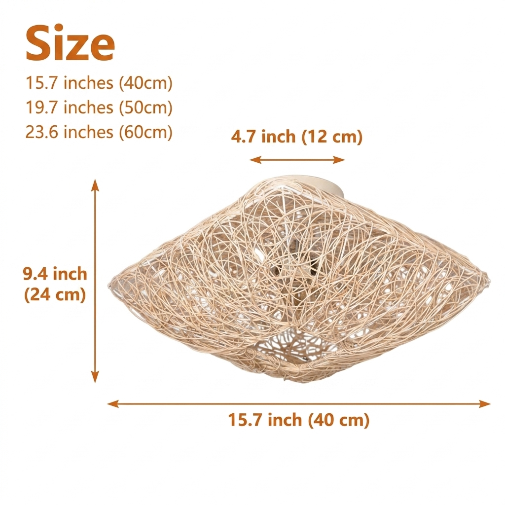 Japanese Square Flush Ceiling Light in 15.7-inch to 23.6-inch diameters, irregular nest weave, larger sizes reveal more woven texture and cast a wider dappled light pattern