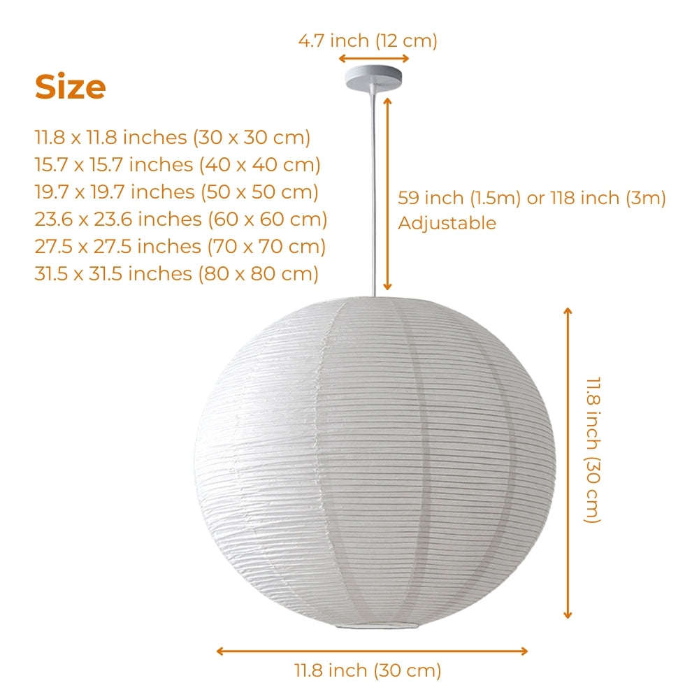 Japanese Wabi Sabi Rice Paper Ball Pendant Light in 11.8-inch to 31.5-inch diameters, round paper globe shade, smaller casts a tight glow while larger spreads wider light as a centerpiece
