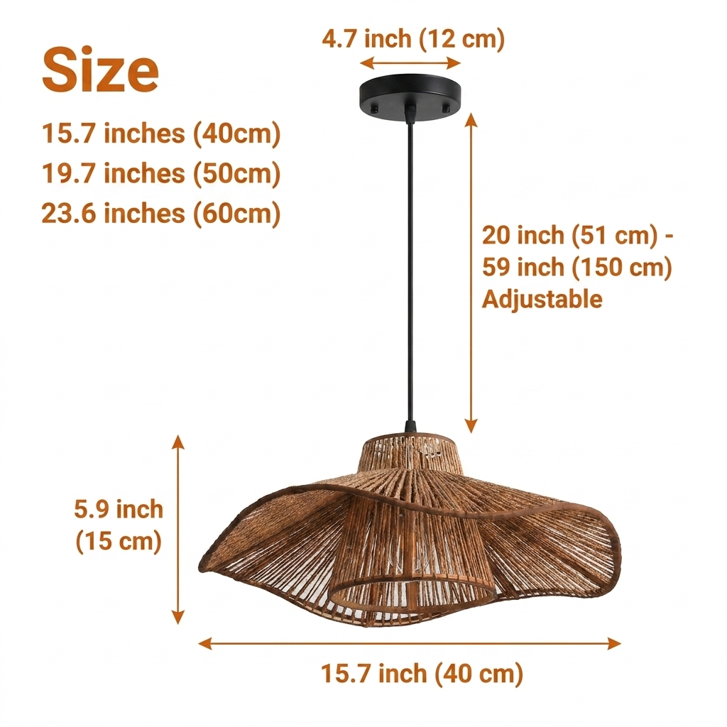 Japanese Weaving Hemp Rope Pendant Light in 15.7-inch to 23.6-inch diameters, flared hemp rope brim, larger diameters widen the shadow spread while keeping the same low height