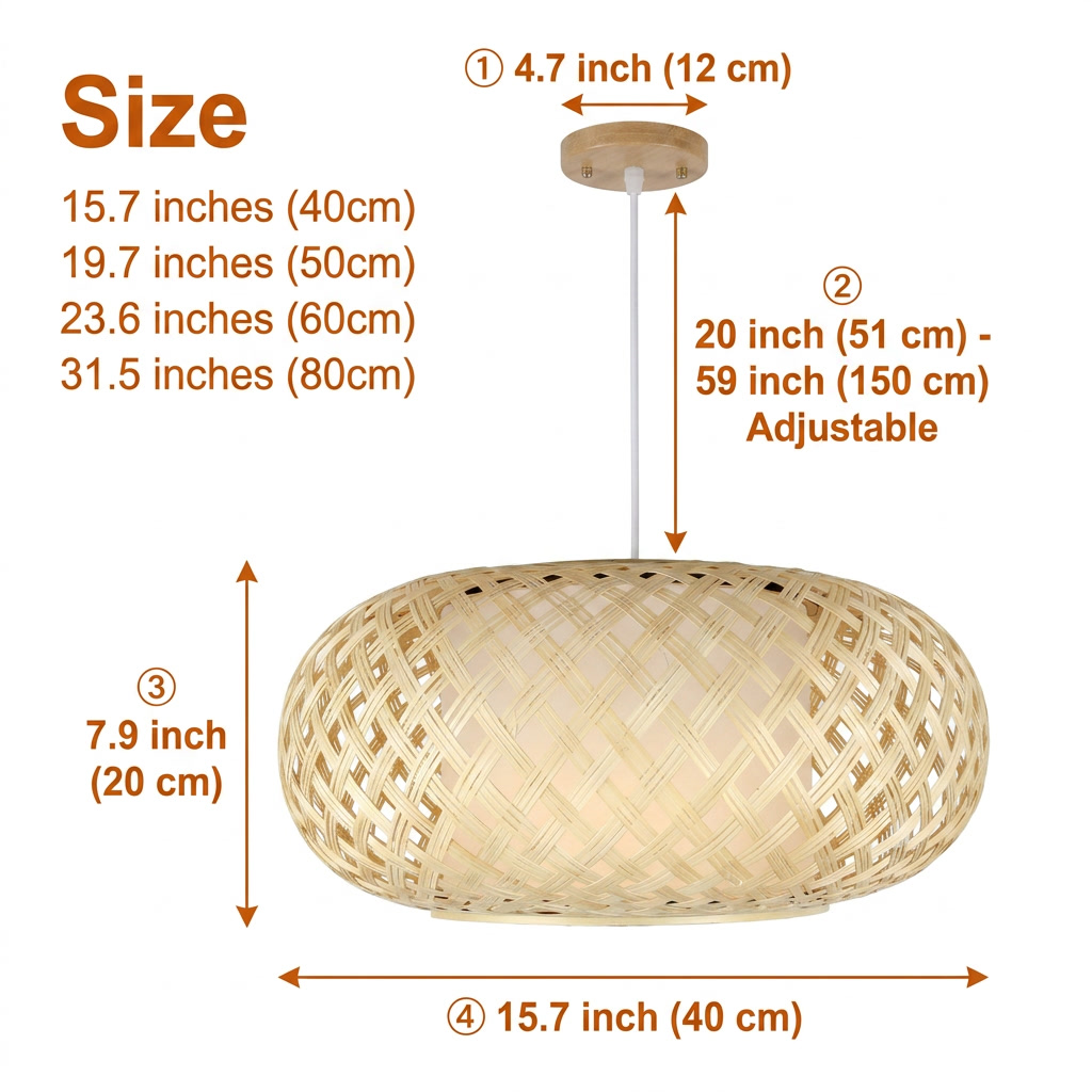 Joyce Woven Bamboo Pendant Light in 15.7-inch to 31.5-inch diameters, open basket lattice weave, smaller shades cast denser shadow patterns while larger reveal more open lattice