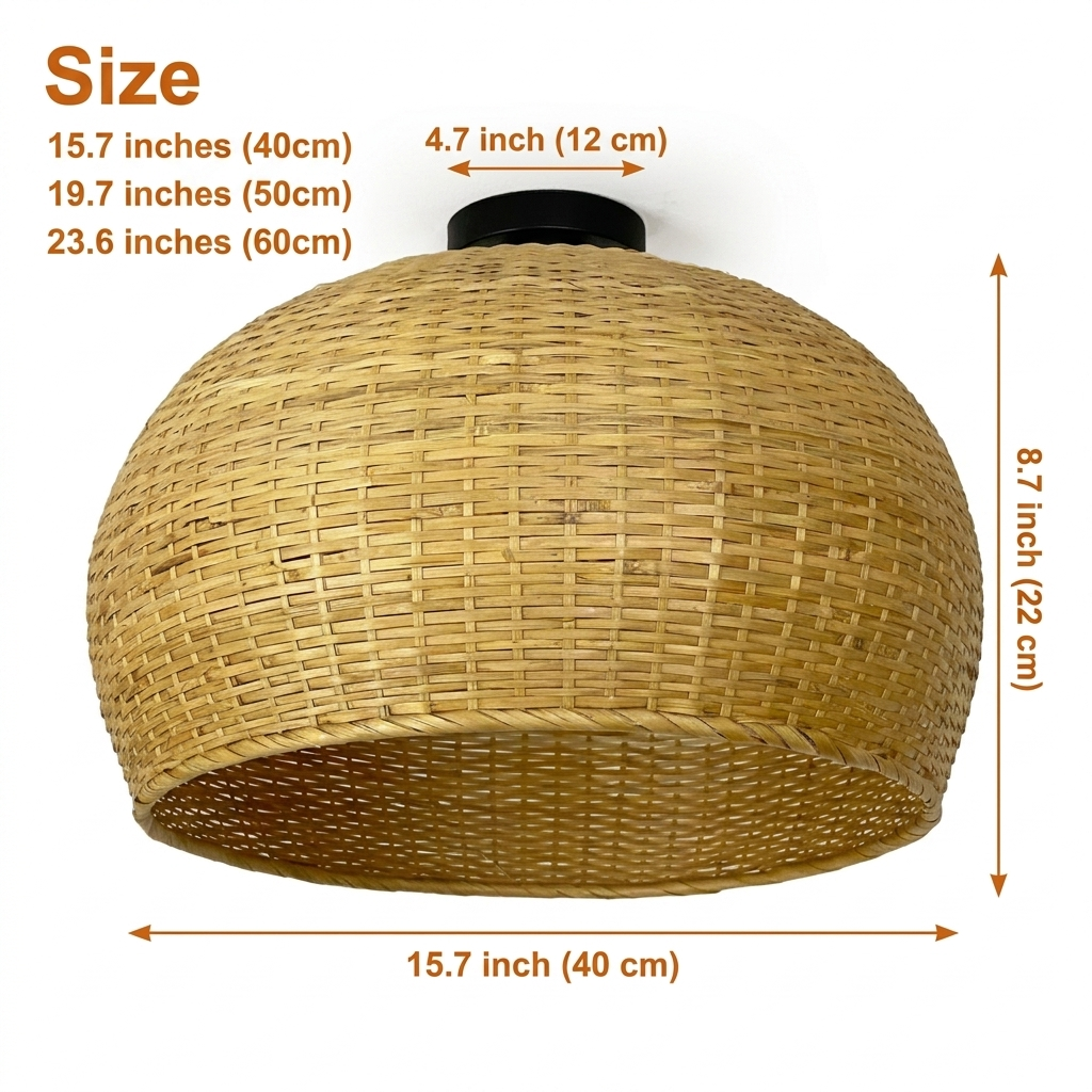 Juanita Wabi Sabi Dome Wicker Bamboo Ceiling Light in 15.7-inch to 23.6-inch diameters, open-weave bamboo dome, larger sizes cast a wider light pool and show more open weave