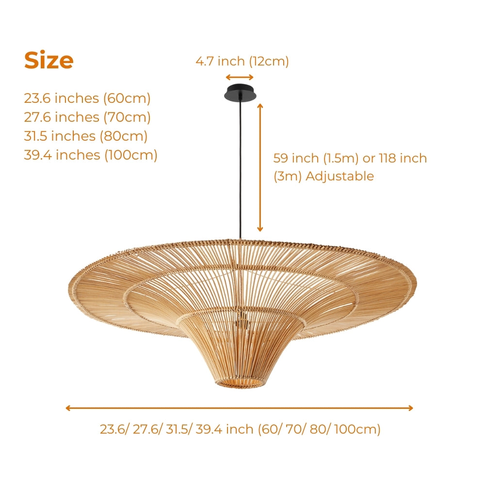 Junita Wabi Sabi Wide Saucer Rattan Ceiling Light in 23.6-inch to 47.2-inch diameters, radiating spoke weave, larger saucers cast wider shadow spreads while smaller keep the pattern tight