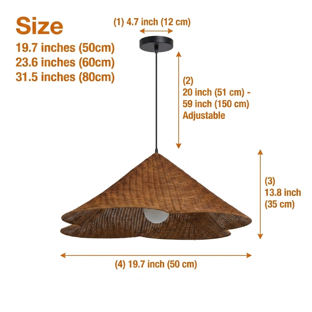Kalani Scallop Rattan Pendant Light in 19.7-inch to 31.5-inch diameters, tight wicker cone weave, larger cones cast wider shadow patterns while smaller keep more weave detail visible