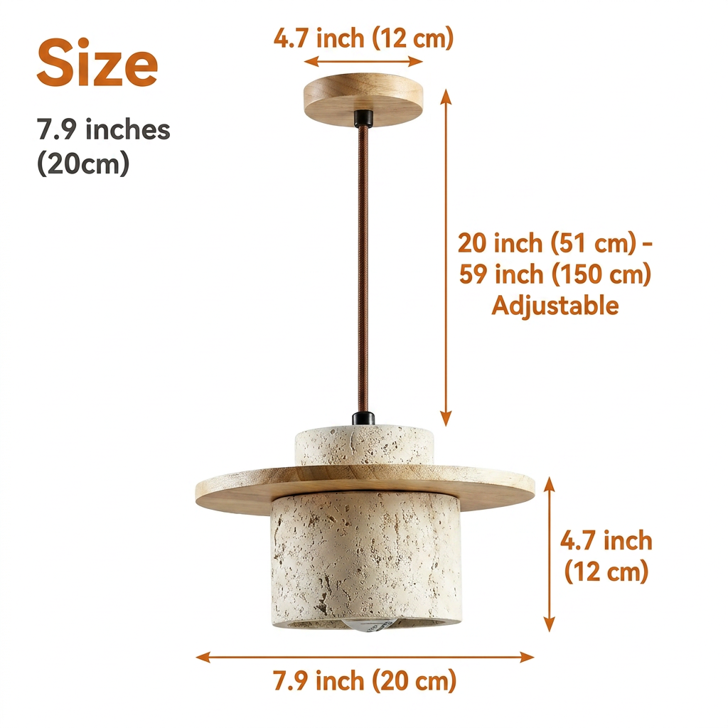 Kanso Wabi Sabi Travertine and Wood Pendant Light in a single 7.9-inch diameter, stone and wood cylinder, compact grounded glow suited to bedside spots and small tables