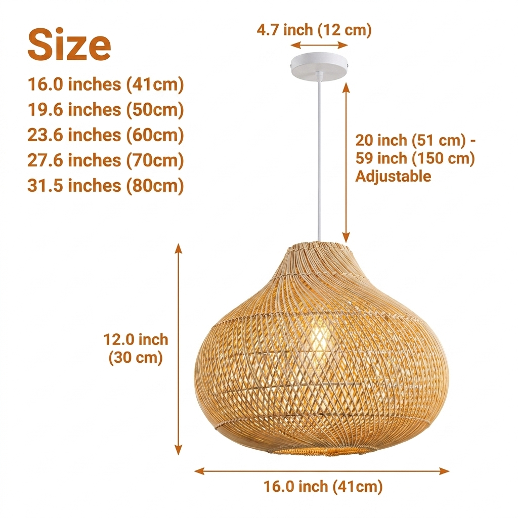 Karjearl Rattan Pendant Light in 16-inch to 31.5-inch diameters, diamond lattice rattan weave, larger diameters cast wider diamond-shadow patterns while smaller keep the weave detail tighter