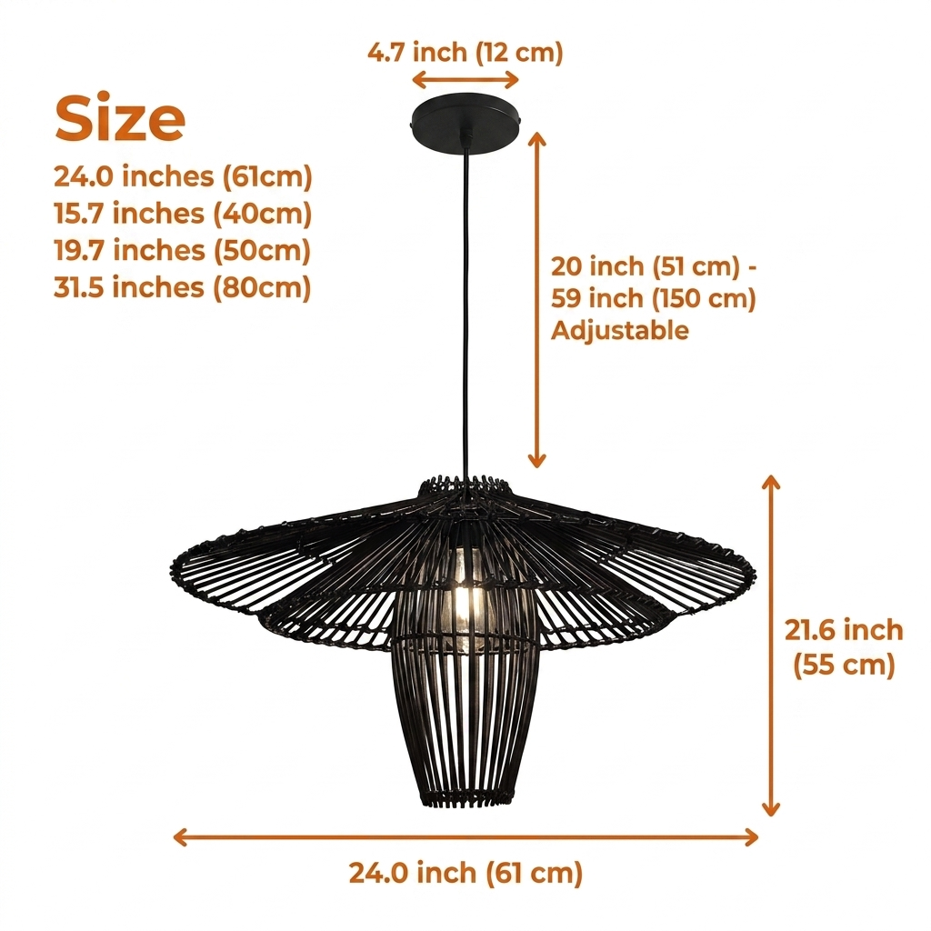 Kasa Large Black Rattan Pendant Light in 15.7-inch to 31.5-inch diameters, tiered horizontal slat weave, smaller shades cast tighter honeycomb light pools while the largest opens into an airier canopy