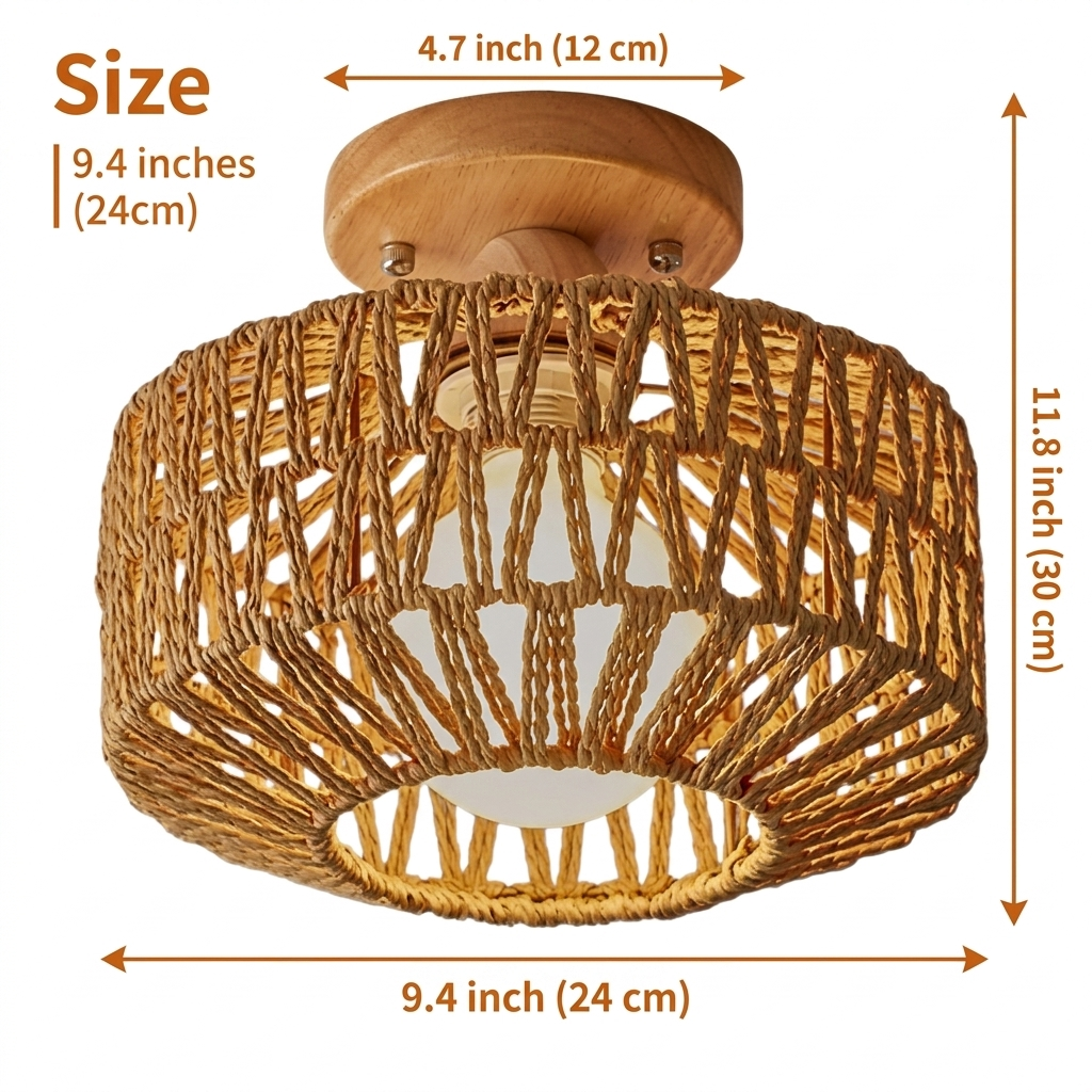 Kenmi Boho Rattan Drum Ceiling Light in a single 9.4-inch diameter, dense basket weave drum, compact grounded glow suited to bedside tables and small bistro dining spots
