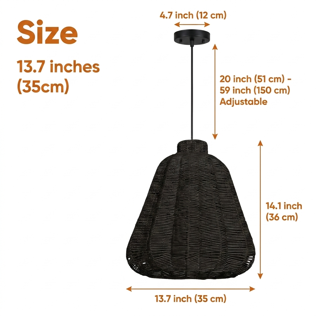 Kmart Black Wicker Rattan Pendant Light at 13.7 inches wide, vertical ribbed weave suits intimate dining nooks, bedside spots, and clustered kitchen island groupings