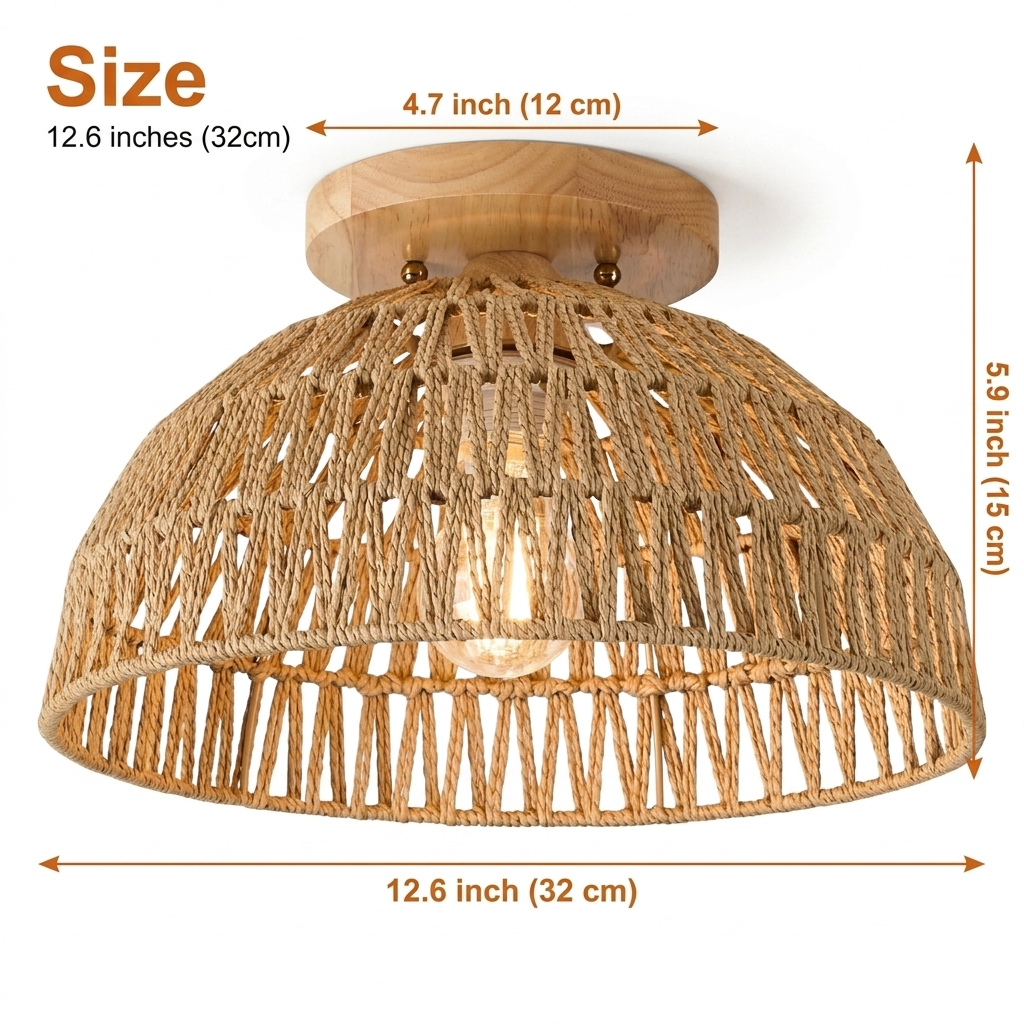 Kojanyu Woven Dome Rattan Ceiling Light at 12.6 inches, compact dual-texture weave adds warm accent light to bedside tables, entryways, and small dining nooks