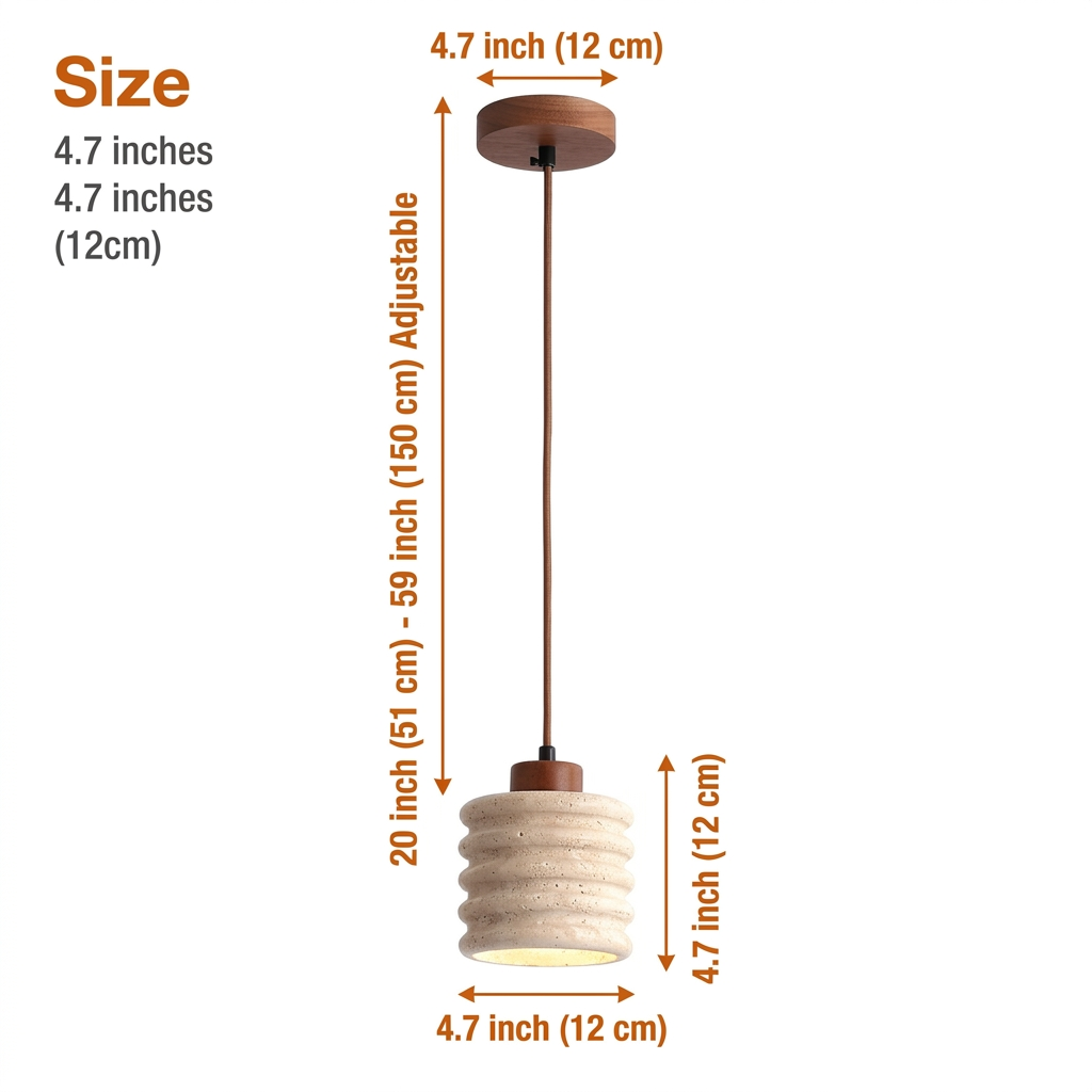 Komei Retro Travertine Stone Pendant Light at a compact 4.7 inches, the mini ridged stone cylinder suits bedside tables and tight kitchen island clusters