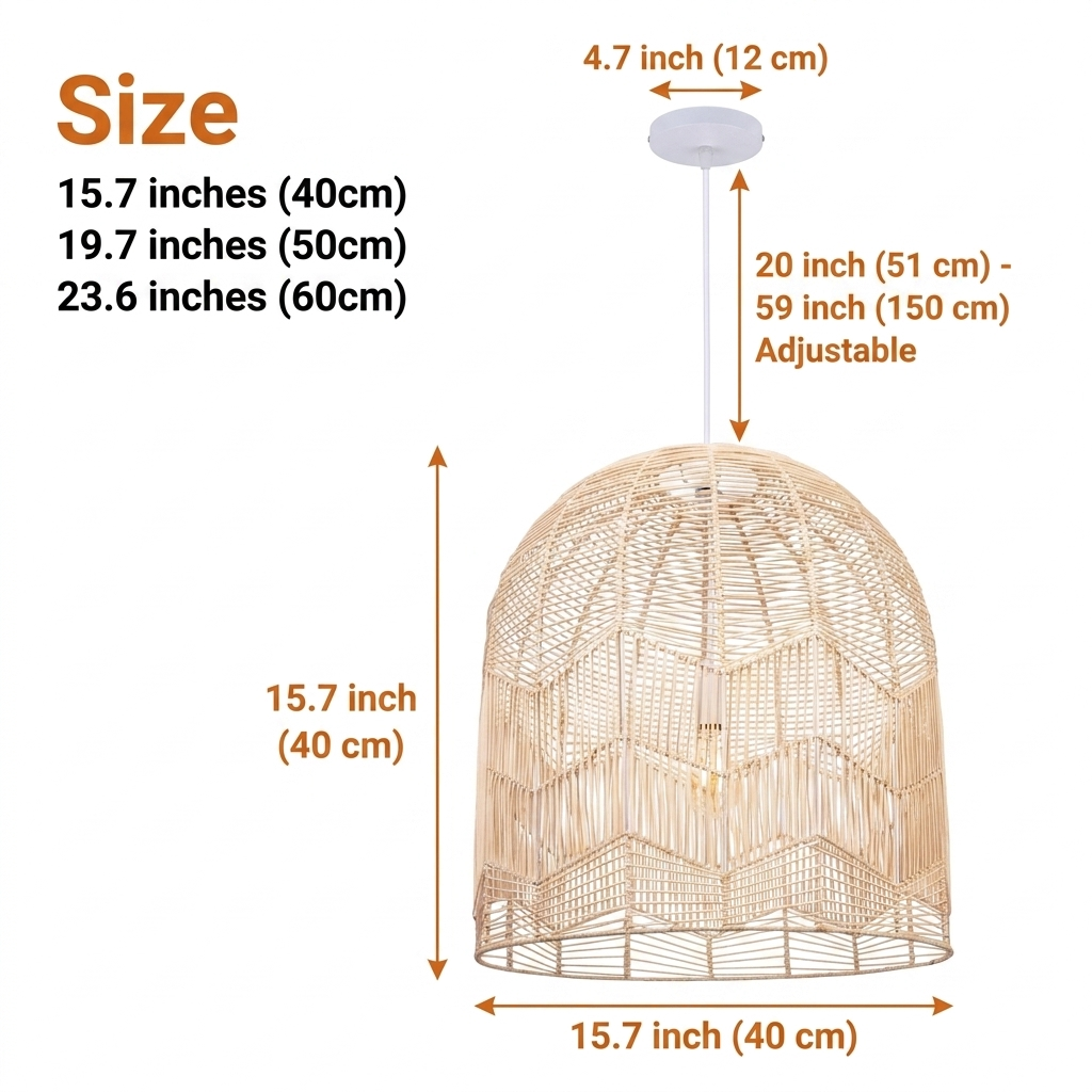 Lace Boho Rattan Pendant Light in 15.7 to 23.6 inch diameters, larger sizes cast wider lattice shadows while smaller ones keep the weave detail tight