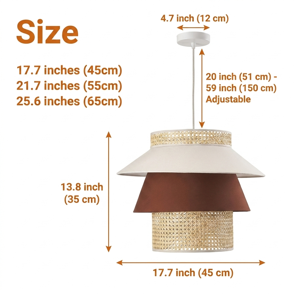 Lampa Tiered Rattan Pendant Light in 17.7 to 25.6 inch diameters, larger tiers show more open weave and cast wider shadow bands than smaller sizes