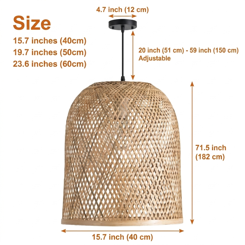 Lampada Natural Bamboo Pendant Light in 15.7 to 23.6 inch diameters, larger shades cast wider, denser shadow patterns while smaller sizes show more open lattice
