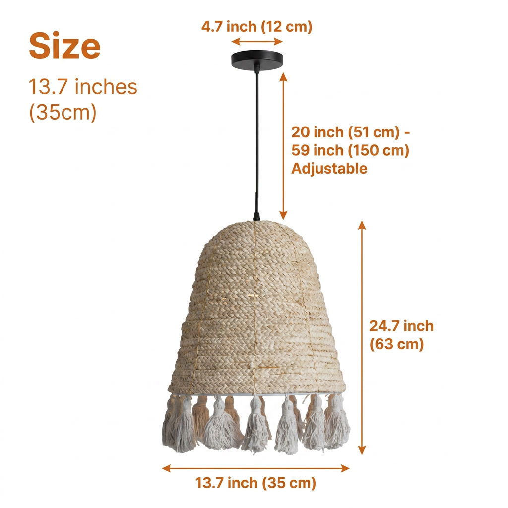 Lampara Wabi Sabi Boho Wicker Pendant Light at 13.7 inches wide and 24.7 inches tall, the dense-woven bell suits intimate bedside and breakfast nook spots