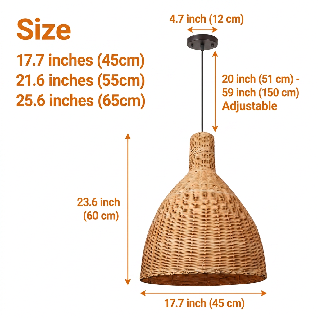 Lana Boho Large Wicker Rattan Pendant Light in 17.7 to 25.6 inch diameters, larger sizes show more woven texture and cast broader shadows than smaller ones