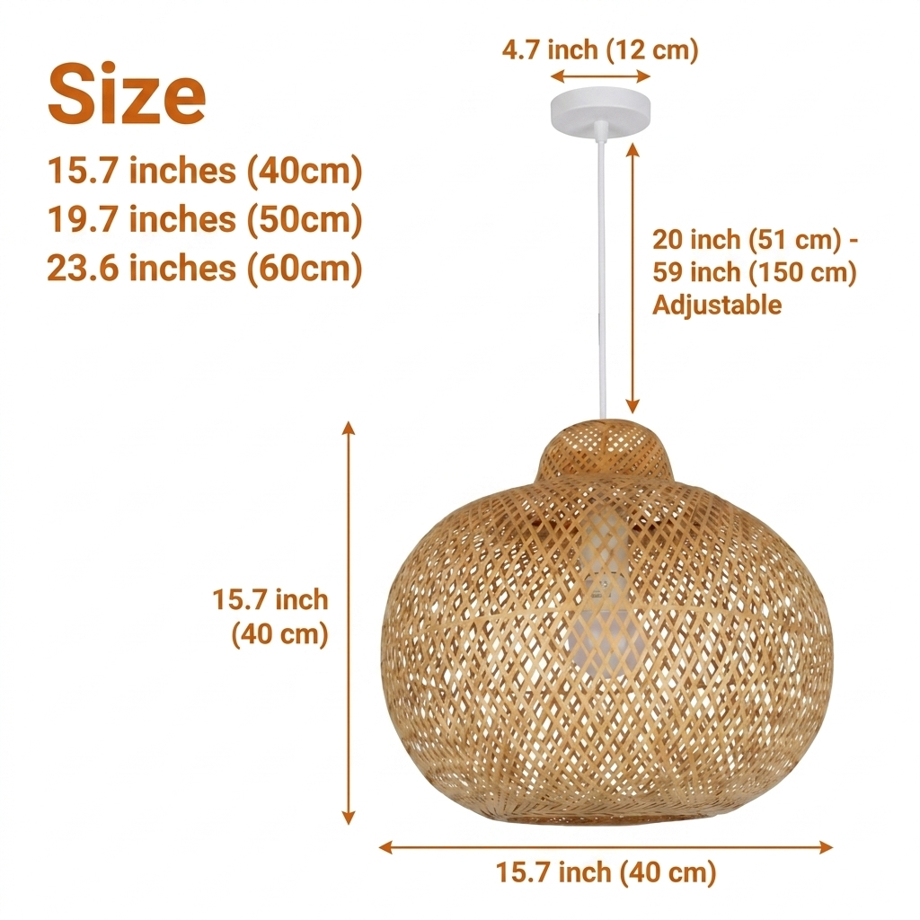 Lanna Passa Handwoven Bamboo Pendant Light in 15.7 to 23.6 inch diameters, larger shades widen the diamond-light spread while smaller ones keep the lattice tighter