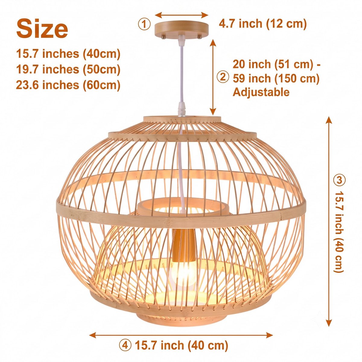 Lattice Round Bamboo Pendant Light in 15.7-inch to 23.6-inch diameters, larger globe reveals more open lattice and wider spread, smaller casts a denser shadow