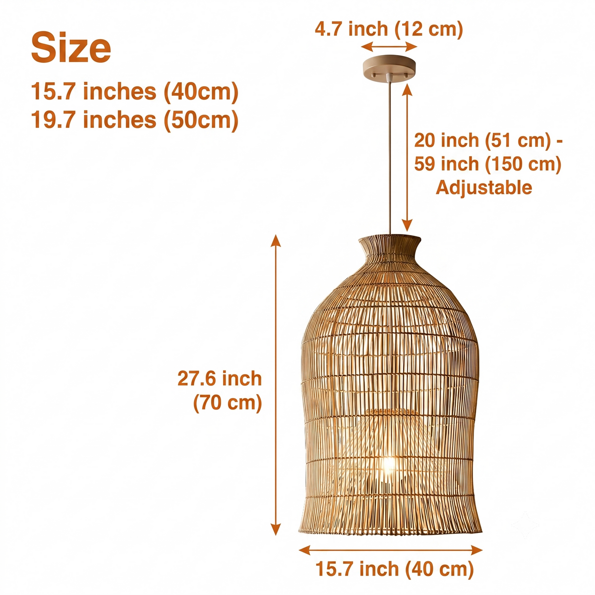 Lavinia Charming Bell Rattan Pendant Light in 15.7-inch and 19.7-inch diameters, larger shade casts a wider spiral shadow, smaller keeps the glow more intimate