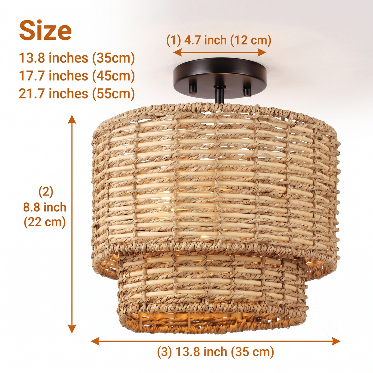 Lennie Wicker Rattan Double Drum Light in 13.8-inch to 21.7-inch diameters, larger drum spreads a softer glow with more woven texture, smaller throws brighter pools