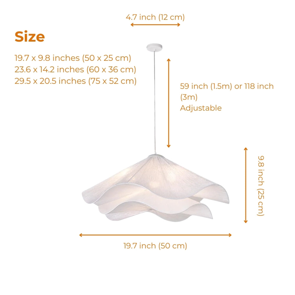 Lia Wabi Sabi Fabric Pendant Light in 19.7-inch to 29.5-inch diameters, larger cone shows deeper pleats and a broader glow, smaller reads as a delicate accent