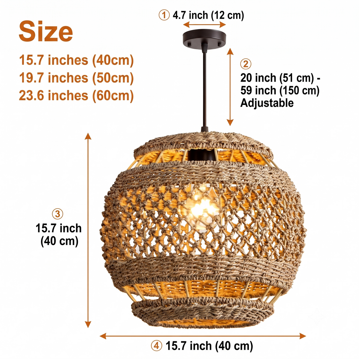 Lislibe Elegant Round Wicker Pendant Light in 15.7-inch to 23.6-inch diameters, larger globe shows more woven texture and a wider glow, smaller suits intimate spots