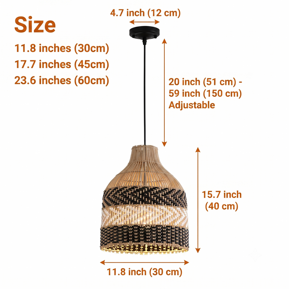 Littleglovo Small Basket Rattan Pendant Light in 11.8-inch to 23.6-inch diameters, larger basket opens the weave wider with more visual weight, smaller stays understated