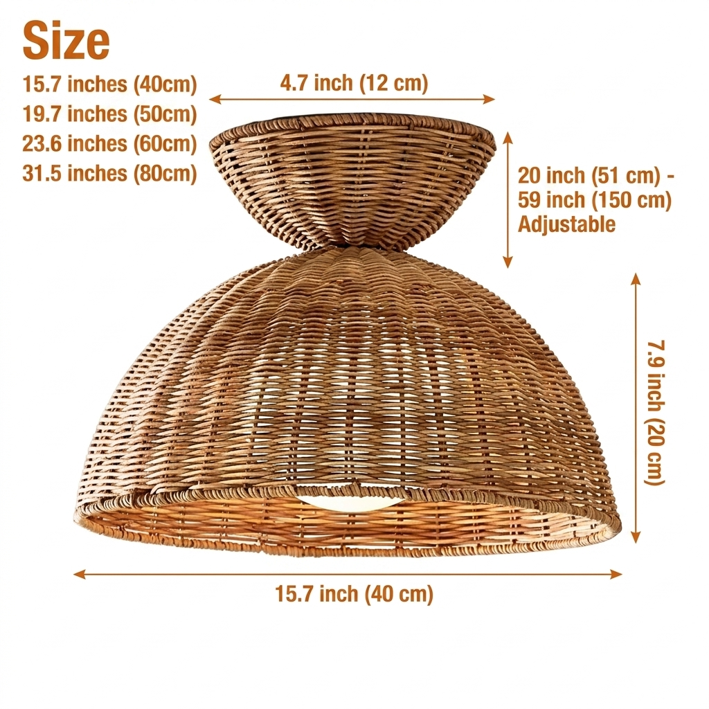 Liz Rattan Pendant Light in 15.7-inch to 31.5-inch diameters, larger dome casts a wider lower glow with more open weave, smaller stays light and understated