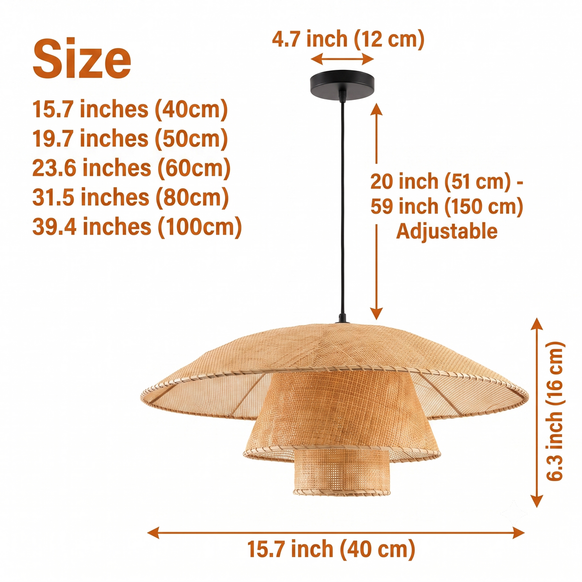 Lola Rattan Pendant Light in 15.7-inch to 39.4-inch diameters, larger tiers cast a wider shadow pattern with more visual heft, smaller keeps weave detail open