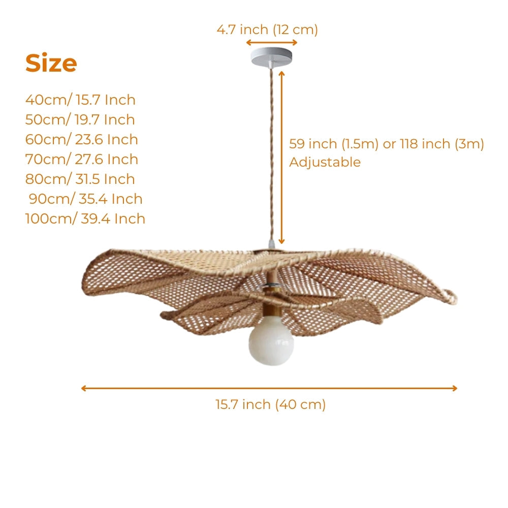 Lotus Leaf Rattan Pendant Light in 15.7-inch to 39.4-inch diameters, larger shades show more open-weave lattice and wider shadow spread, smaller focus glow tightly