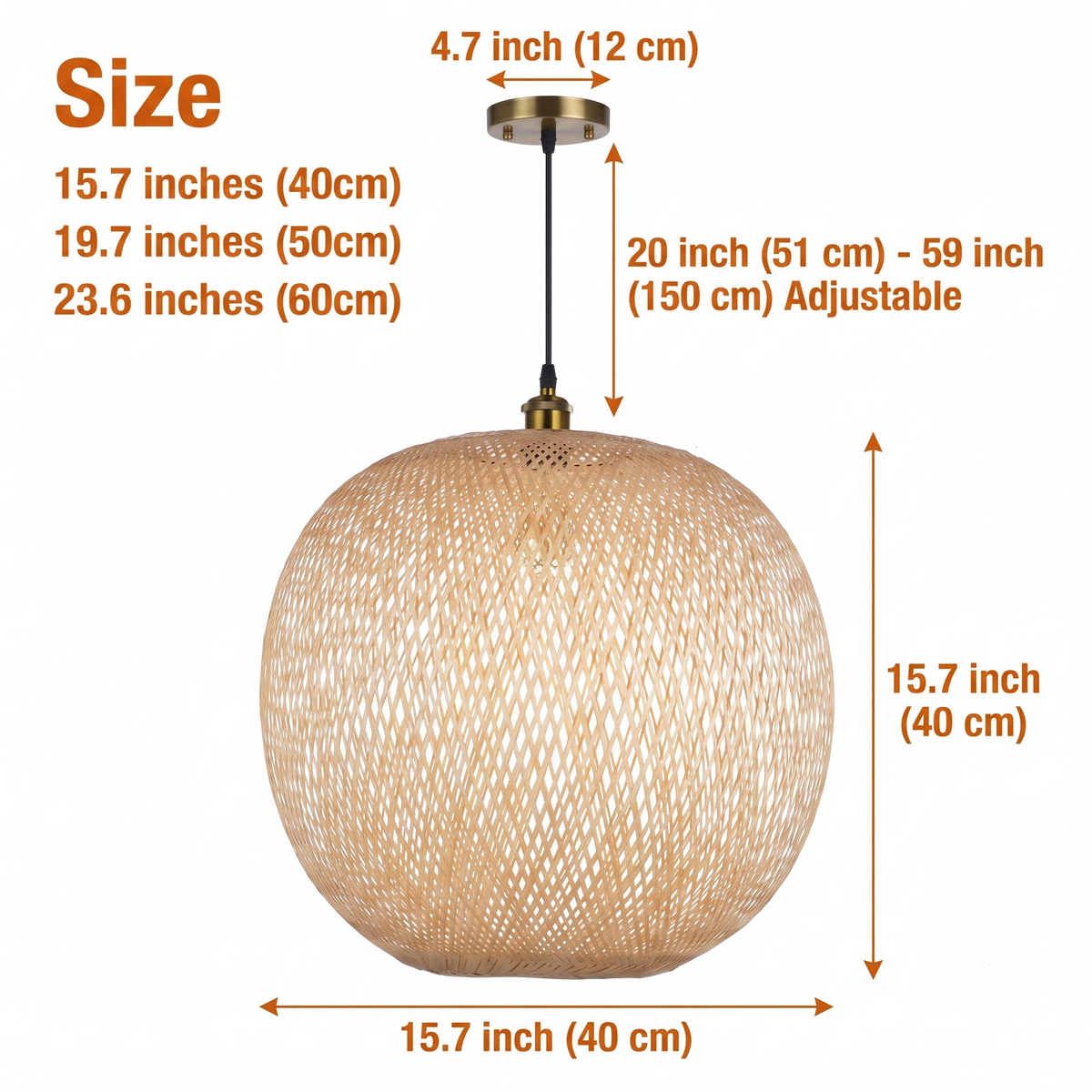 Lucy Woven Round Bamboo Pendant Light in 15.7-inch to 23.6-inch diameters, larger globe casts wider shadow patterns with more visual weight, smaller reads as delicate accent