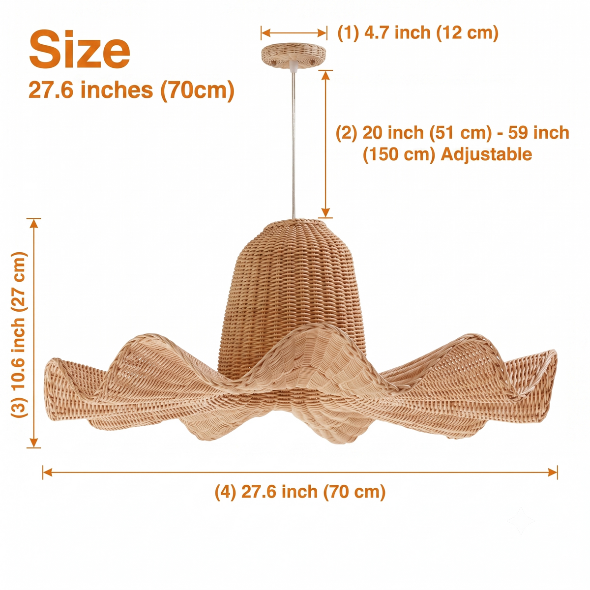 Luna Wicker Rattan Pendant Light in a single 27.6-inch diameter, fitting standard dining tables and kitchen islands with sculptural wave extensions catching ambient light