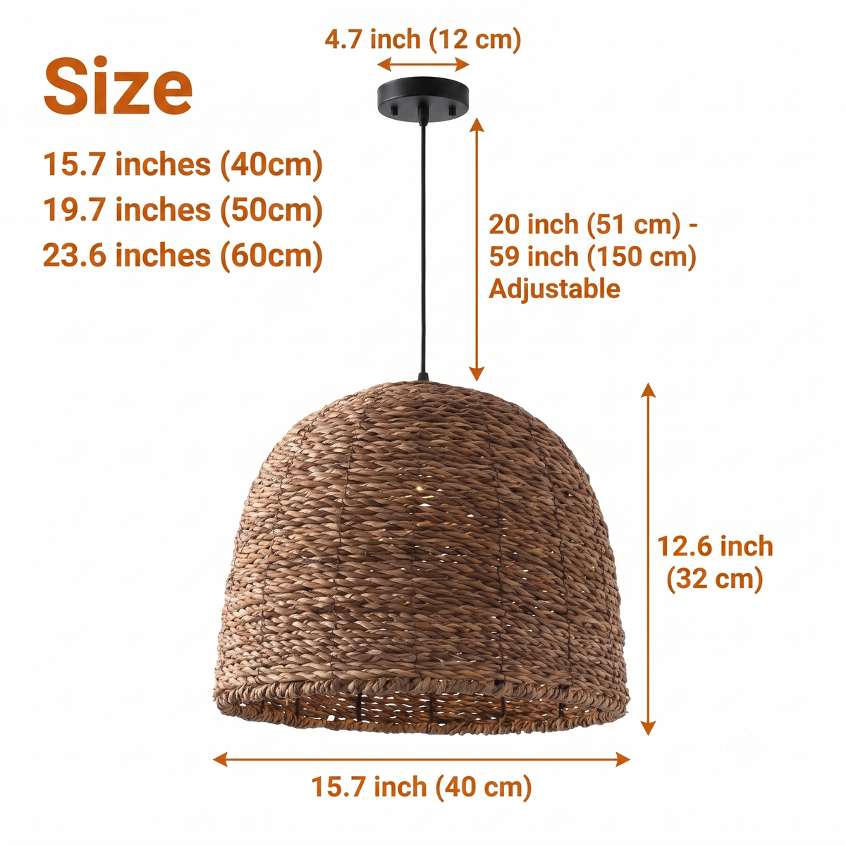 Lydia Wabi Sabi Wicker Pendant Light in 15.7-inch to 23.6-inch diameters, larger dome shows more woven texture and wider glow, smaller carries less visual weight