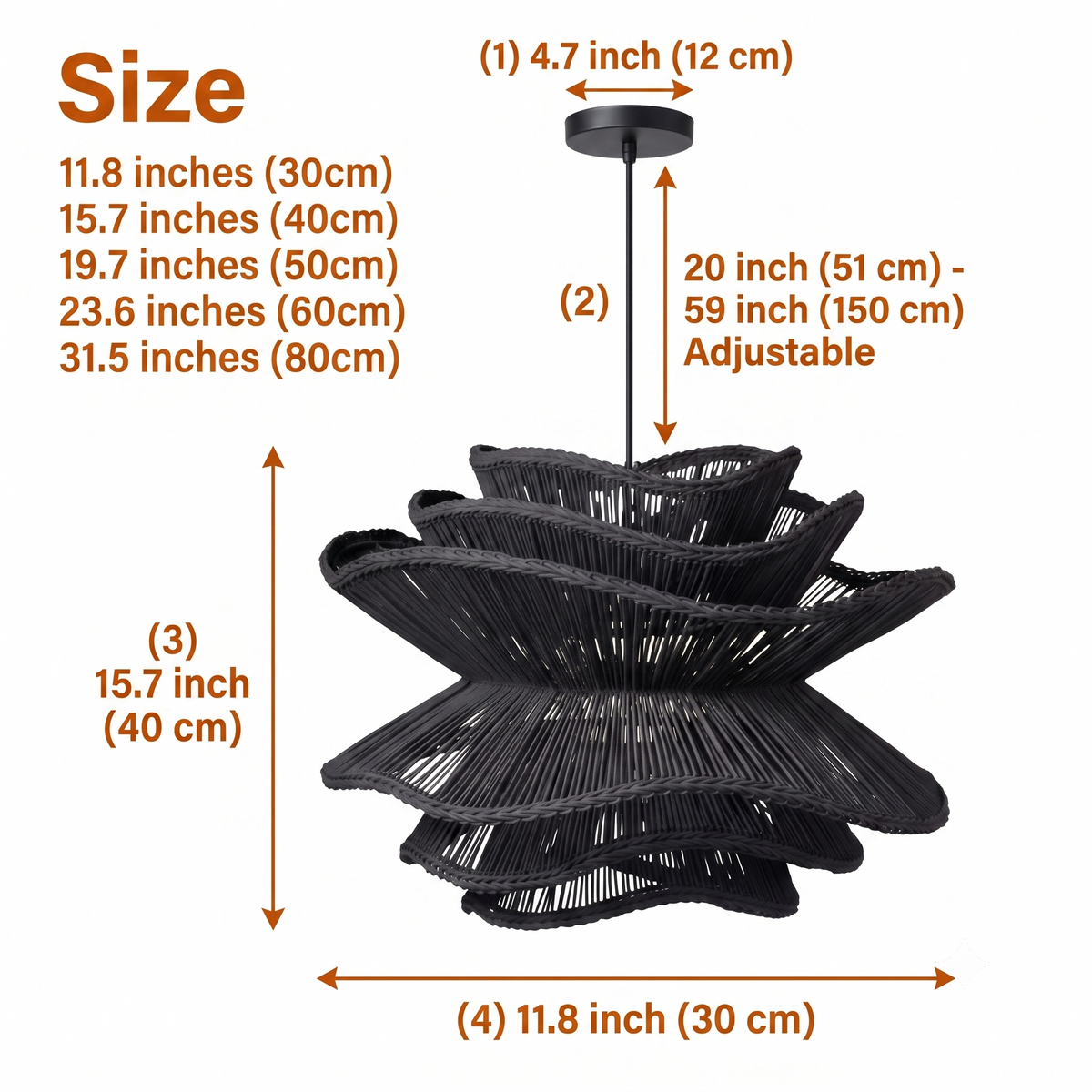 Made Goods Alondra Black Wavy Rattan Pendant Light in 11.8-inch to 31.5-inch diameters, larger size casts wider light pools, smaller reveals the wave weave intimately