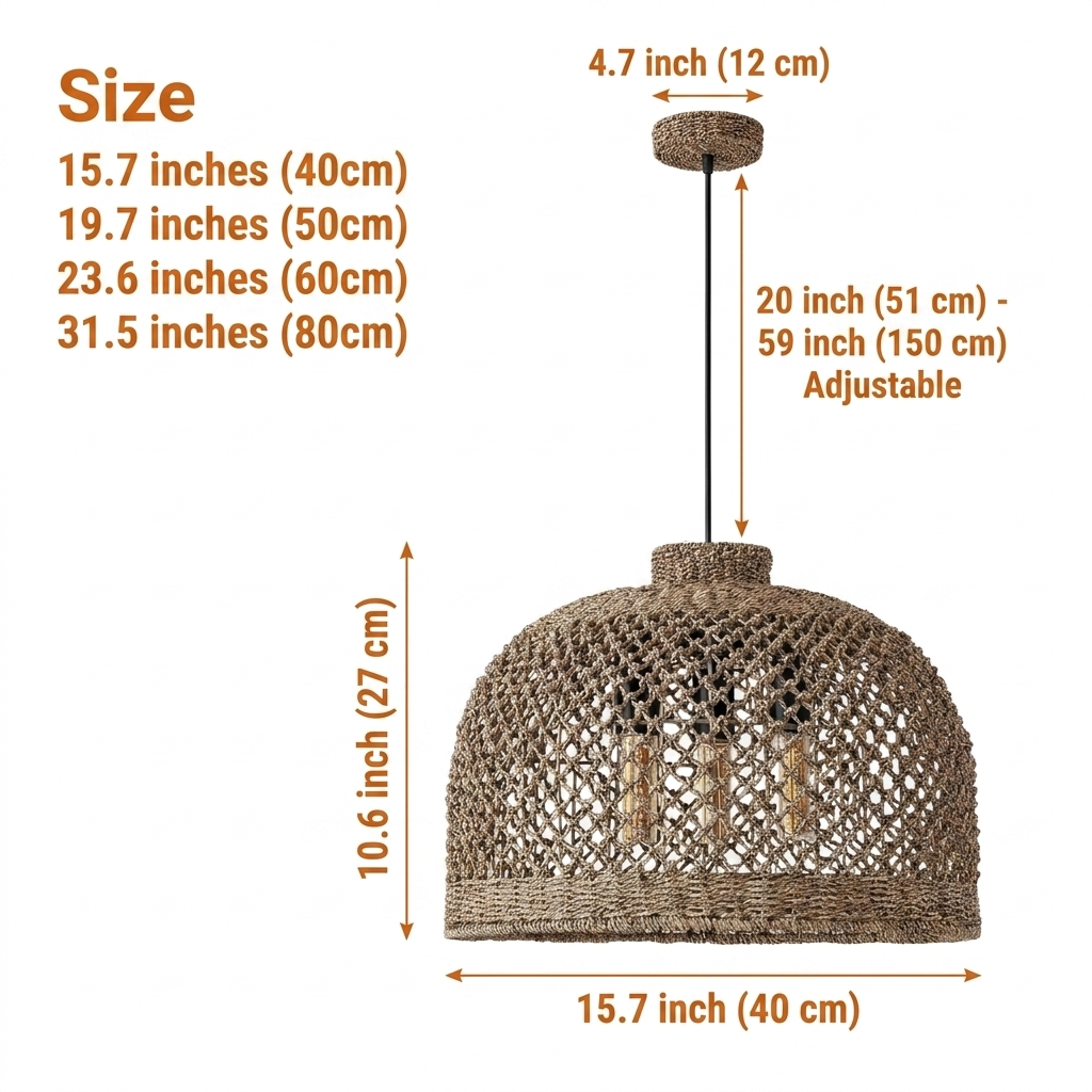 Magnolia Wabi Sabi Large Wicker Pendant in sizes 15.7 to 31.5 inches diameter, larger domes cast wider shadow patterns while smaller show delicate diamond weave