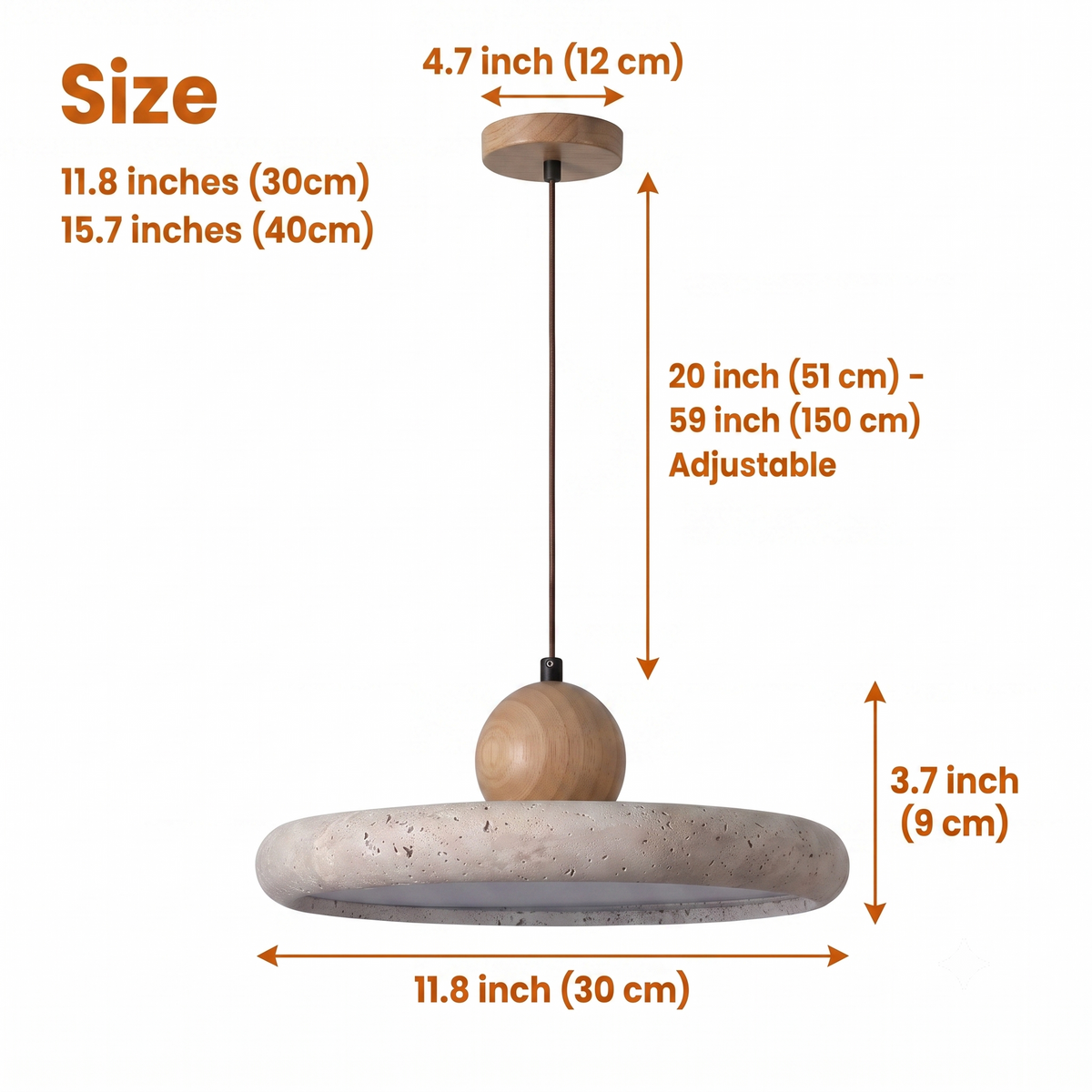 Mannelli Wabi Sabi Travertine and Wood Pendant in 11.8-inch and 15.7-inch discs, larger casts a wider glow while smaller stays subtle and compact
