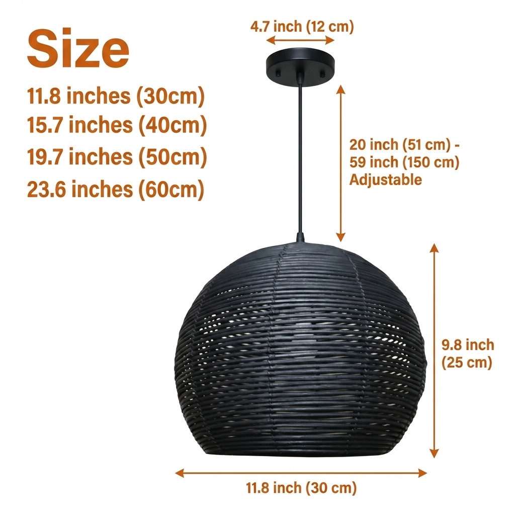 Manor Brook Verona Rattan Pendant in sizes 11.8 to 23.6 inches diameter, larger reveals more open weave while smaller keeps light tight and intimate