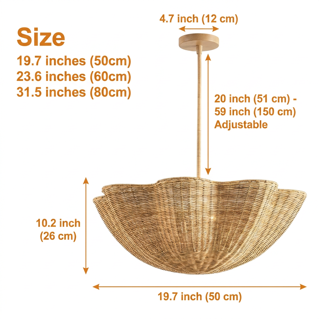 Marion Scallop Woven Wicker Rattan Pendant in sizes 19.7 to 31.5 inches diameter, larger casts a wider light pool while smaller stays airy and understated