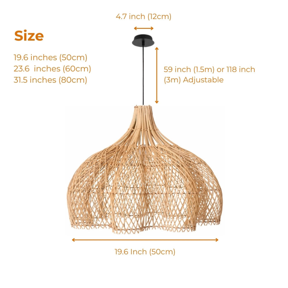 Matador Wabi Sabi Extra Large Rattan Pendant in sizes 19.7 to 31.5 inches diameter, larger opens the weave wider casting a broader shadow pattern