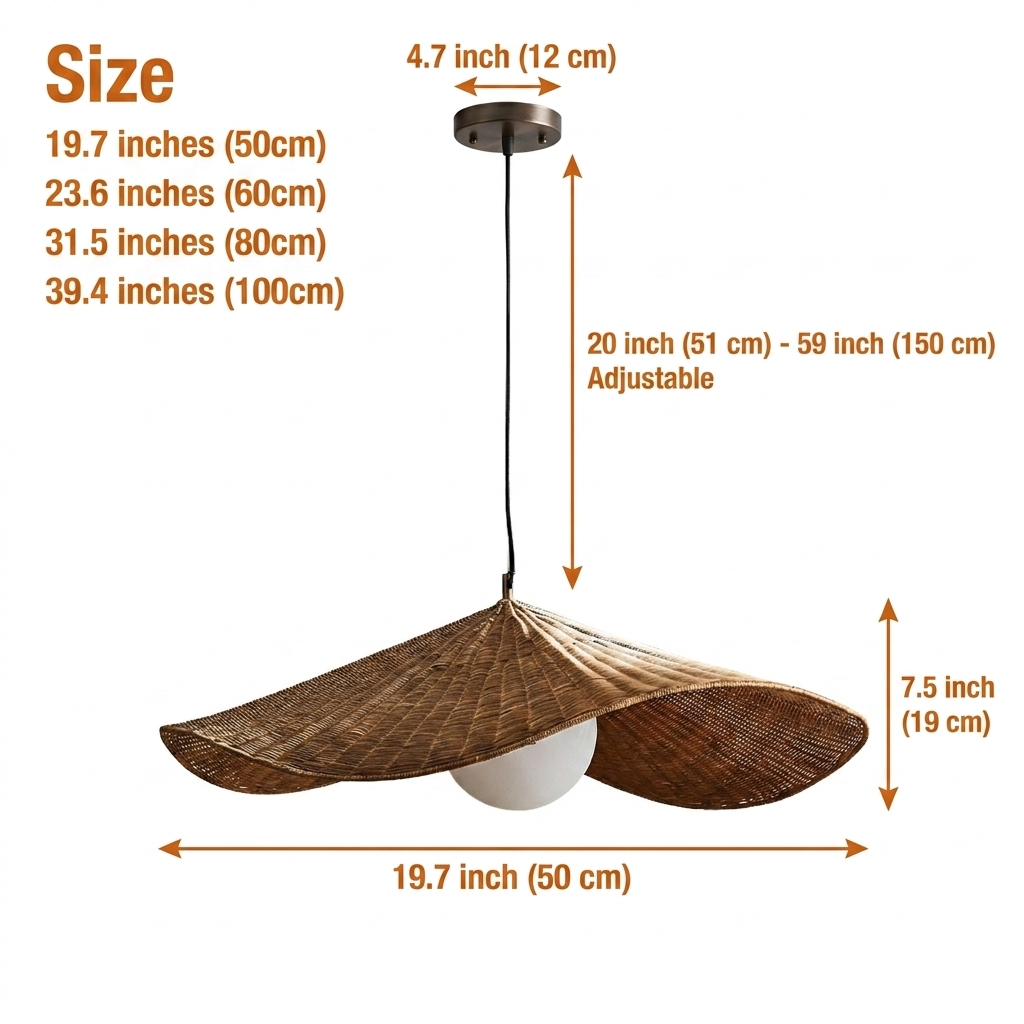 Matara Woven Wicker Rattan Pendant in sizes 19.7 to 39.4 inches diameter, larger widens the light spread while smaller reads as a compact accent