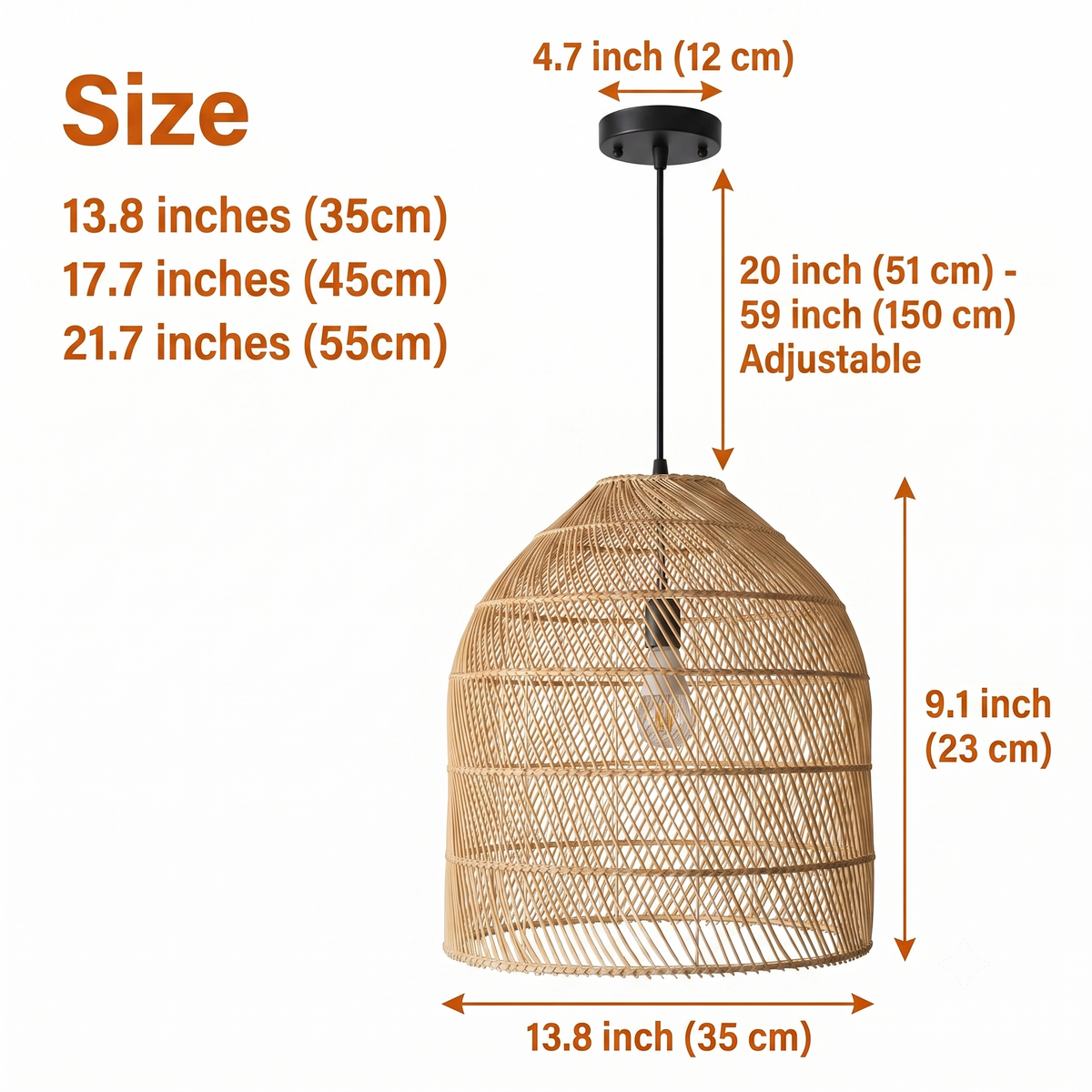 Maya Bamboo Rattan Pendant in sizes 13.8 to 21.7 inches diameter, larger casts wider shadow patterns while smaller keeps lattice detail tight and delicate