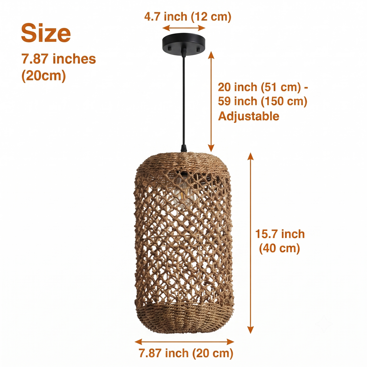 Meredith Basket Wicker Woven Pendant, a compact 7.87-inch diameter cylinder suited to bedside tables and small entryways needing focused accent light