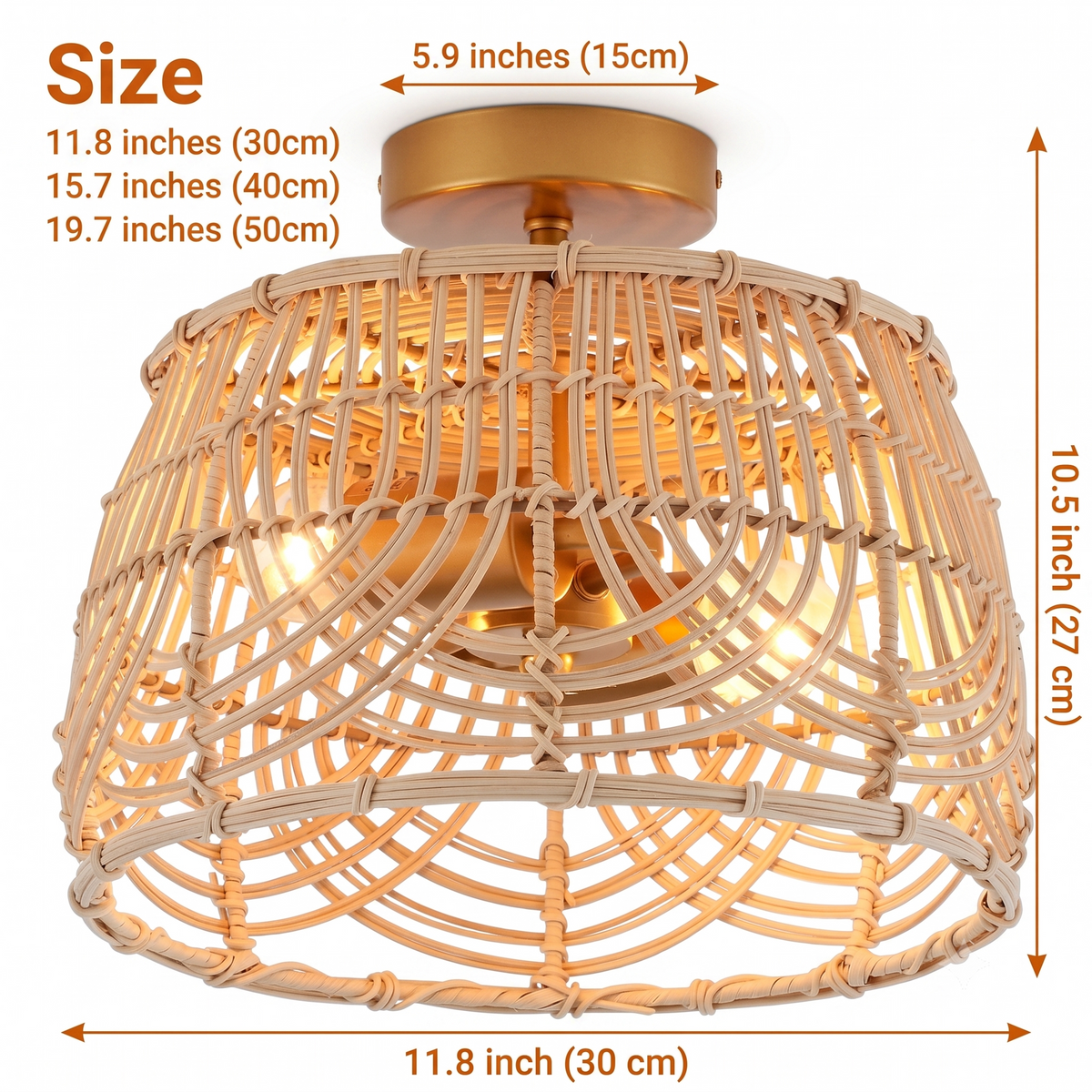 MhyTogn Small Rattan Ceiling Light in sizes 11.8 to 19.7 inches diameter, larger shows more overlapping lattice casting a wider dappled pattern than smaller