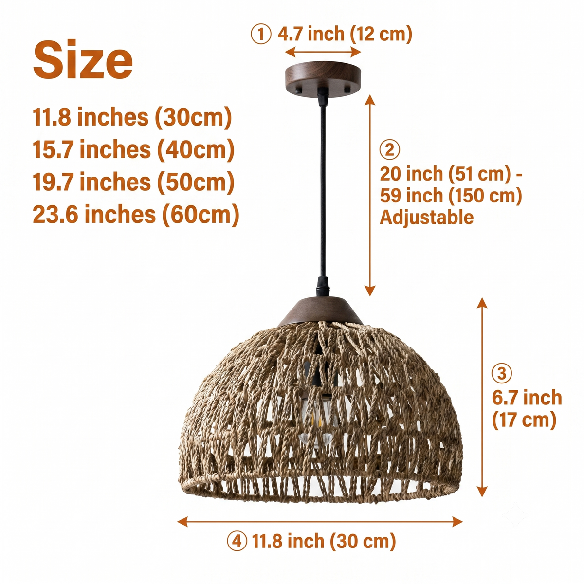 Milford Rattan Pendant Light in sizes 11.8 to 23.6 inches diameter, the dome grows heavier with a wider, denser diamond shadow pattern