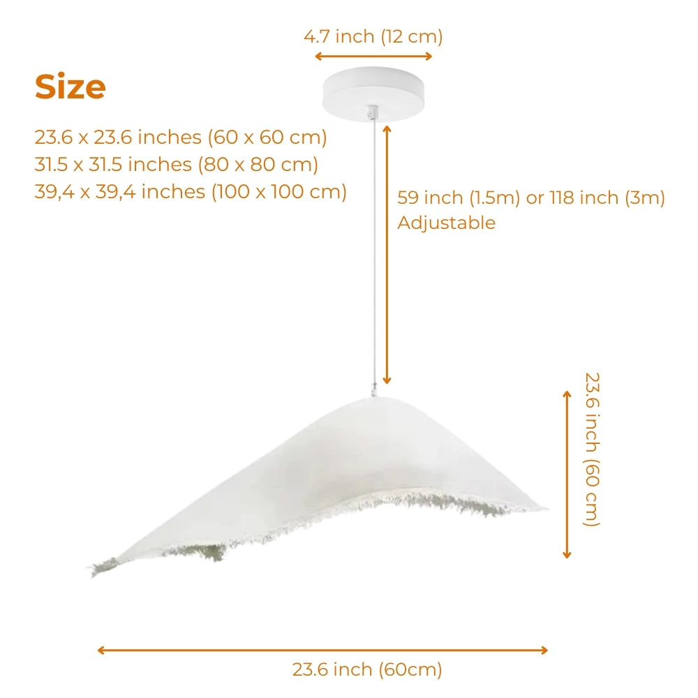 Moby Dick Wabi Sabi Pendant in sizes 23.6 to 39.4 inches diameter, larger reveals more fringed raw-edge texture while smaller reads lighter and compact