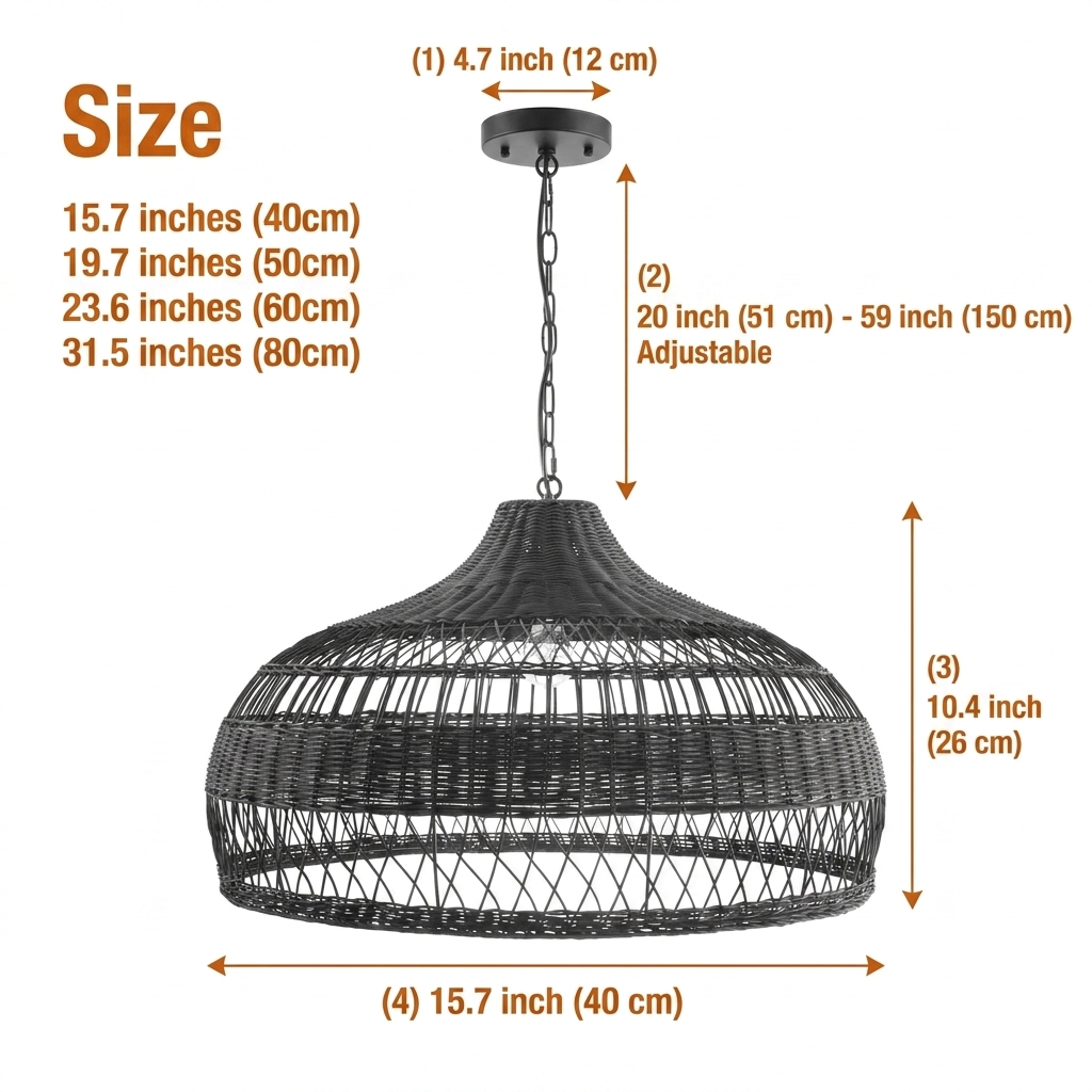 Moijabana Black Woven Wicker Rattan Dome Pendant in sizes 15.7 to 31.5 inches diameter, smaller casts tighter light while larger shows more open weave