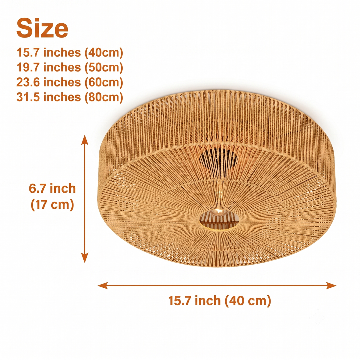Monike Classic Rattan Drum Flush Mount in sizes from 15.7 to 31.5 inches diameter, larger drums show more spoke detail and wider shadow patterns