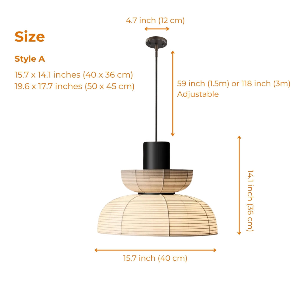 Nando Wabi Sabi Paper Pendant in 15.7-inch and 19.7-inch diameters, the larger shade widens the diffused glow and reveals more paper texture